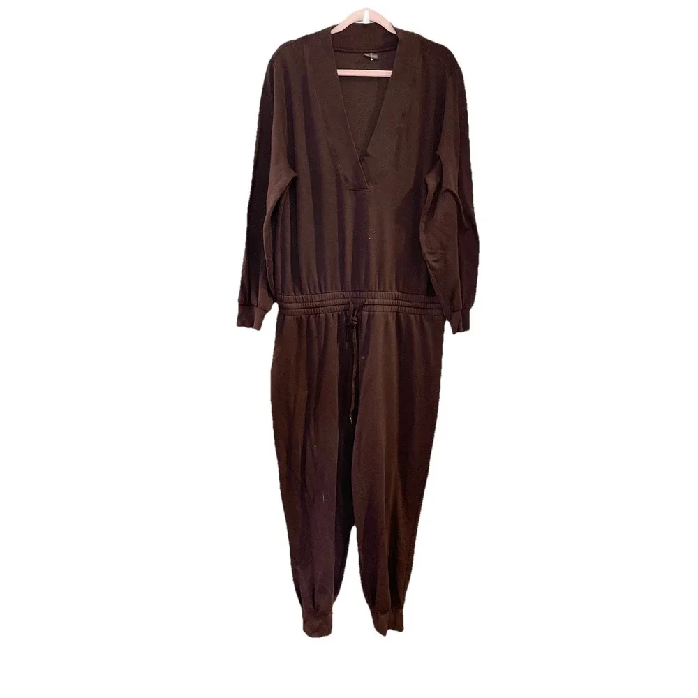 CALIA Brown Drawstring Soft Long Sleeve Jogger Sweatpants Jumpsuit V-Neck Lounge
